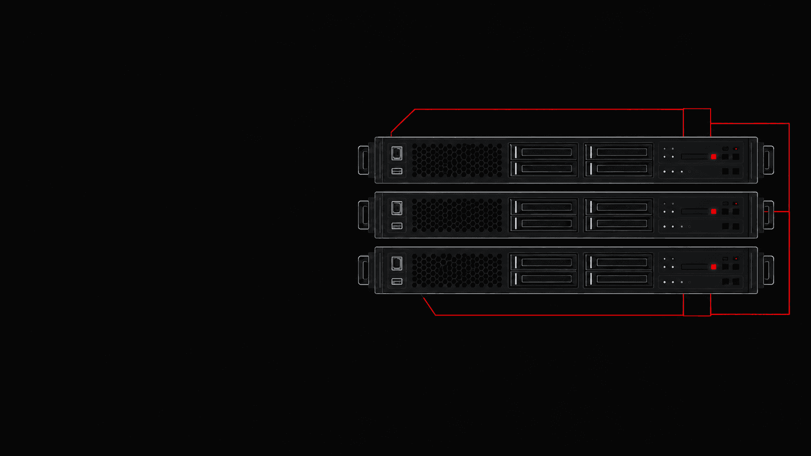 Three rack-mounted dedicated servers linked by red network cables