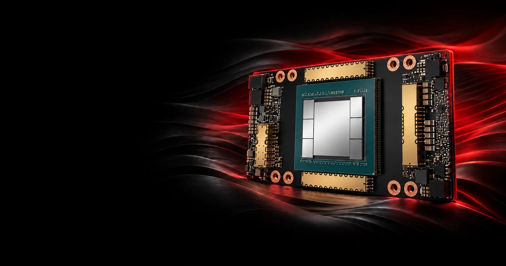 NVIDIA data center GPU card with red light trails