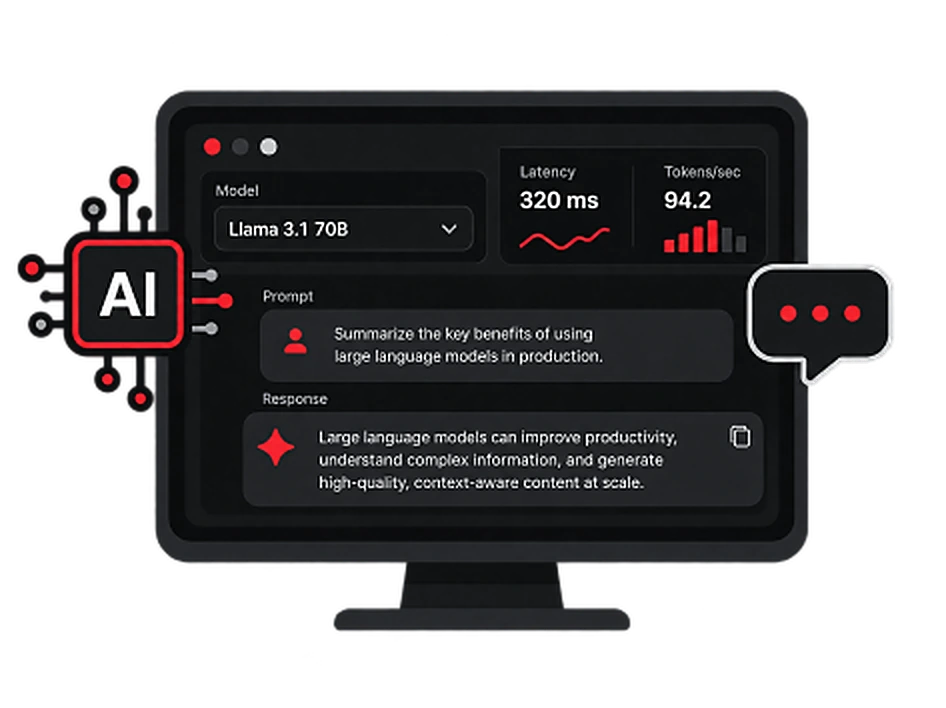AI model console showing a prompt, a generated response, latency and tokens per second