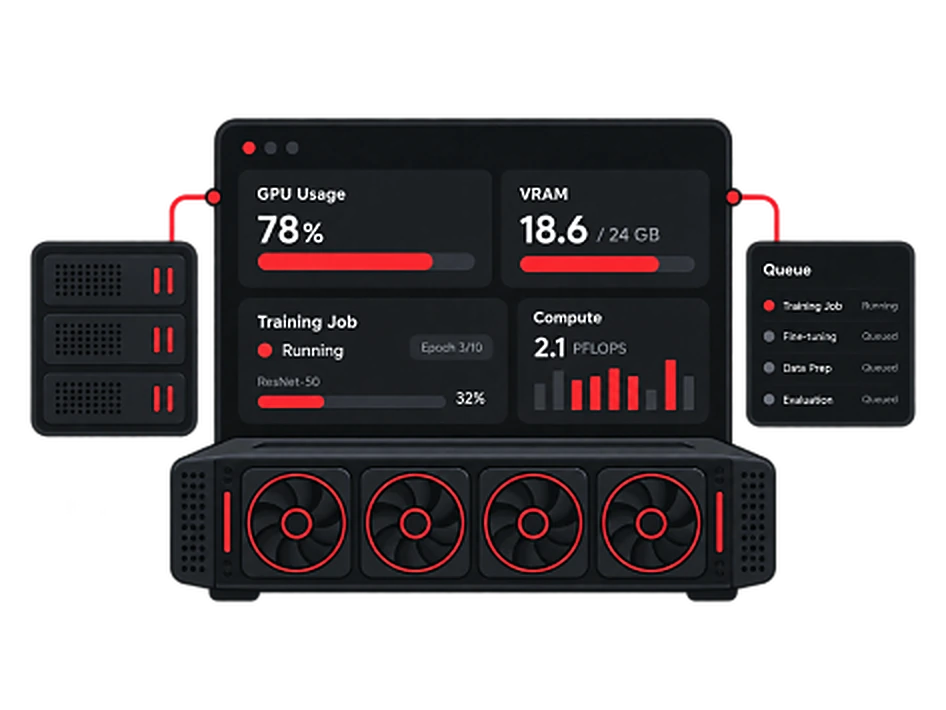 GPU server with usage, VRAM, training job progress and a job queue
